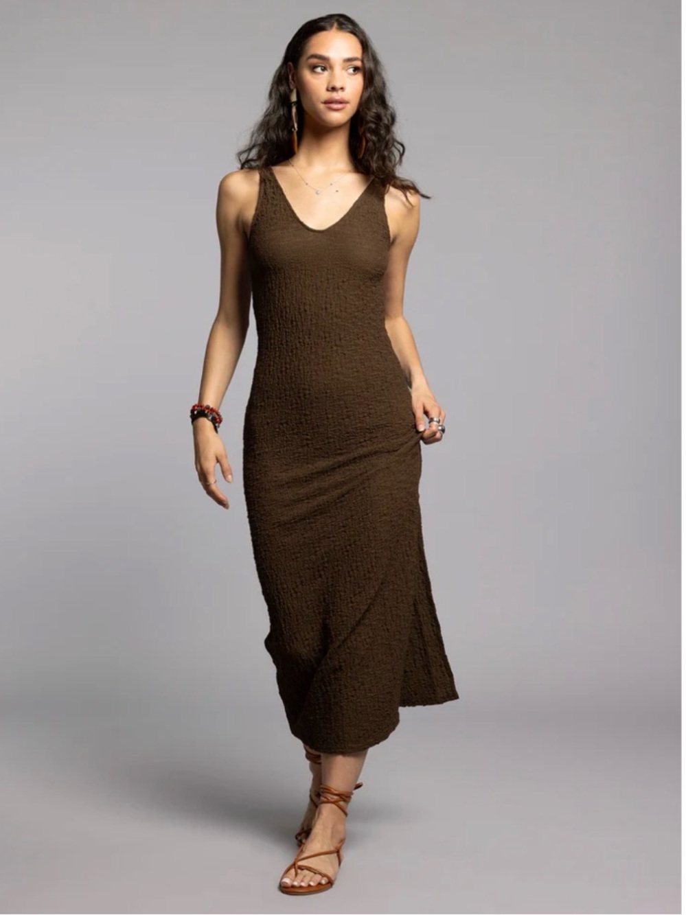 Brown Sleeveless V-Neck Maxi Dress